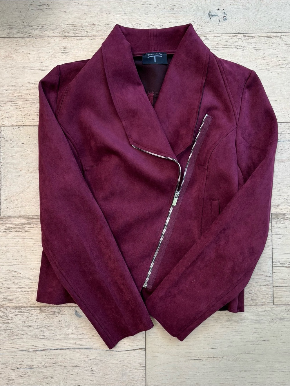 T Tahari Wine Red Suede Asymmetrical Moto Jacket - Picture 3 of 6